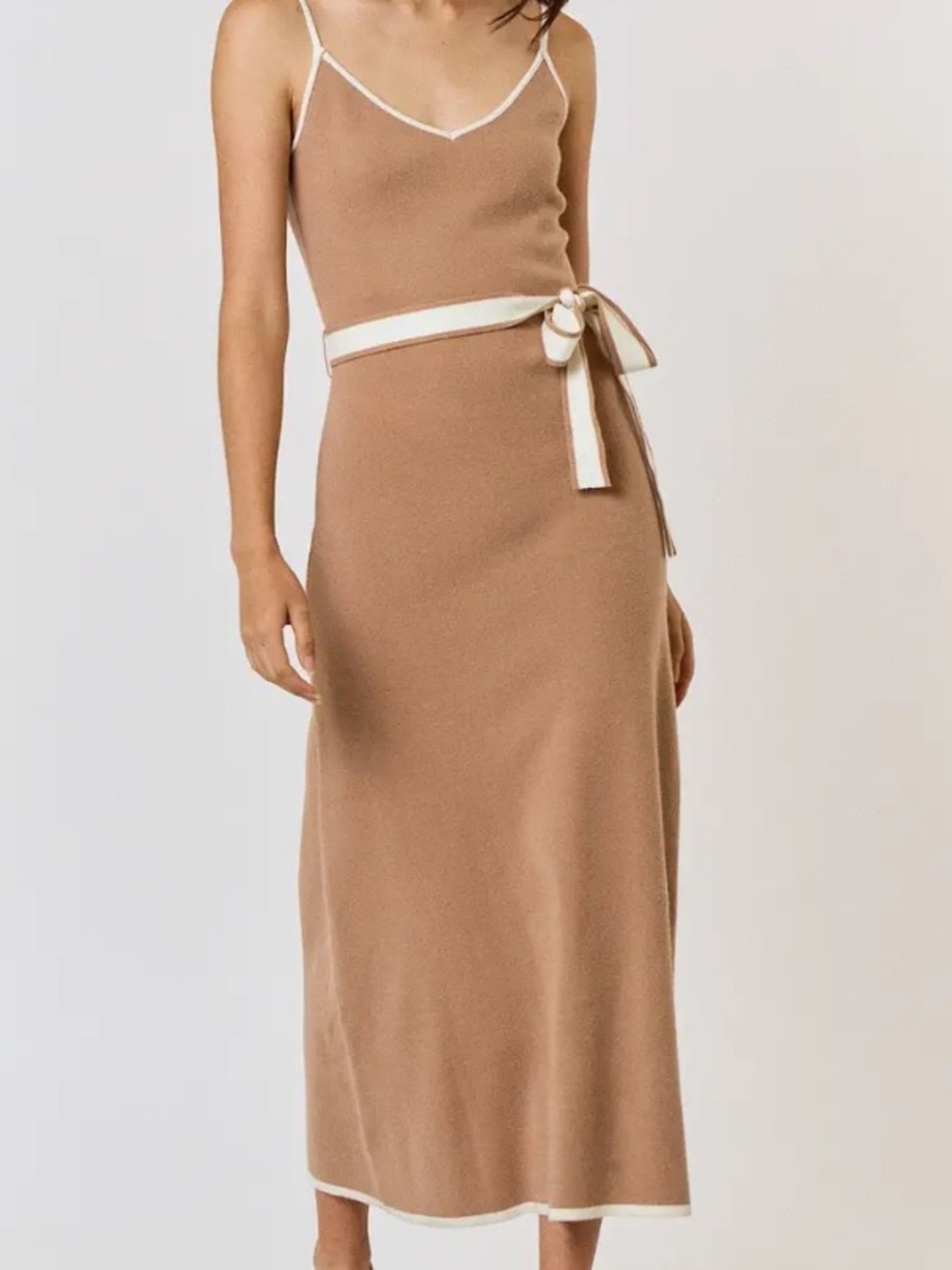 Camel Knit Dress with Ivory Trim